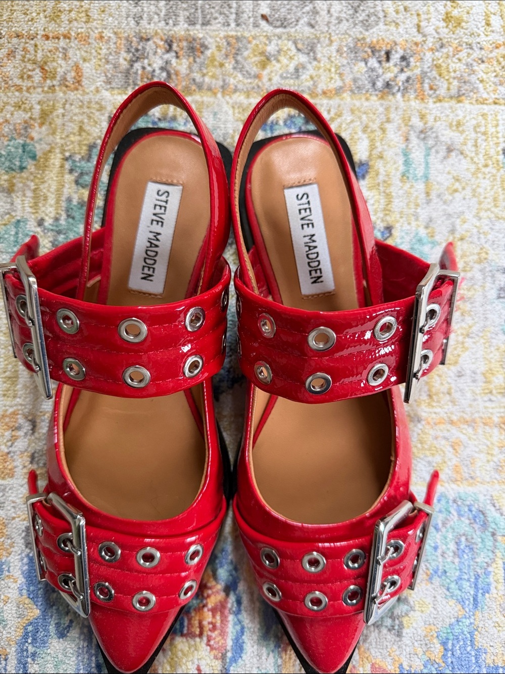 Red Patent Pointed-Toe Slingback Flats with Buckle Detail - Picture 2 of 4